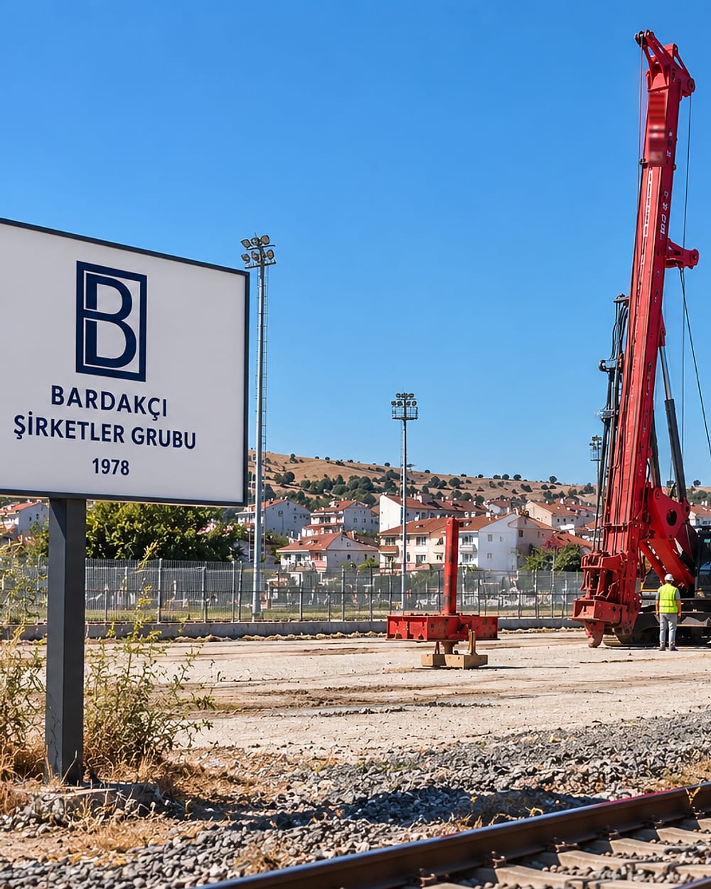 Bardakçı Şirketler Grubu tabelası önünde demiryolu kenarında çalışan fore kazık makinesi