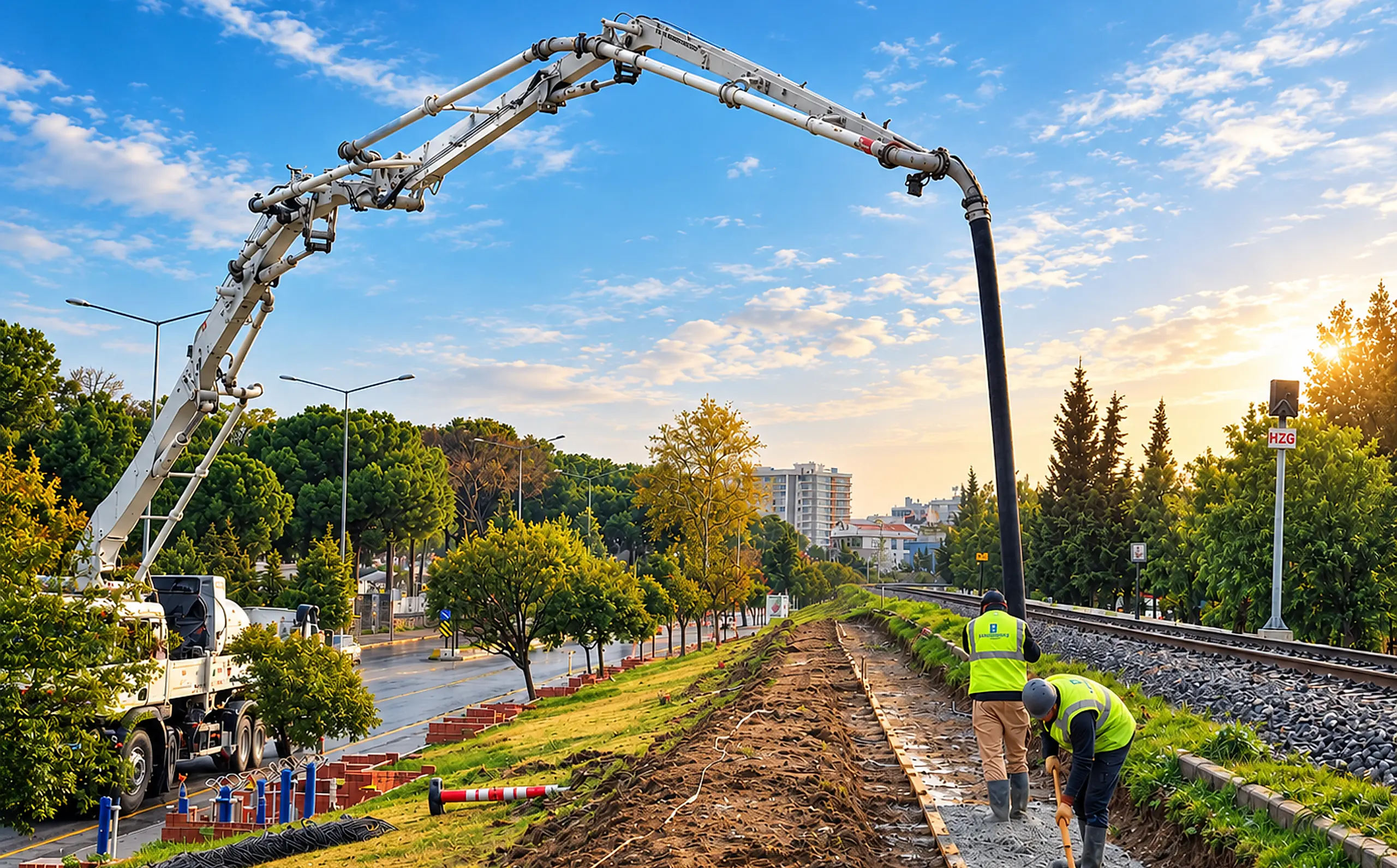 Demiryolu hattı kenarında beton pompasıyla altyapı çalışması yapan ekip